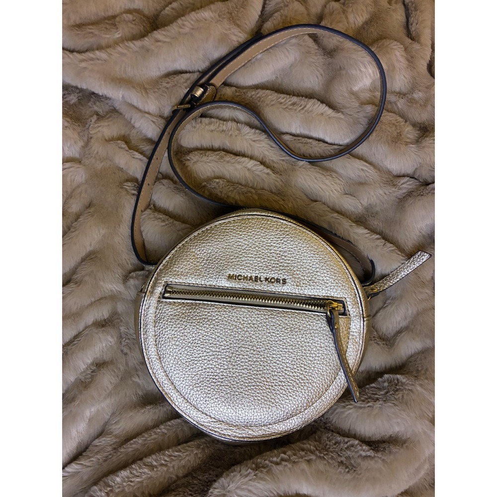 Michael Kors Canteen Crossbody Bag Metallic Gold Pebbled Leather Circle Purse